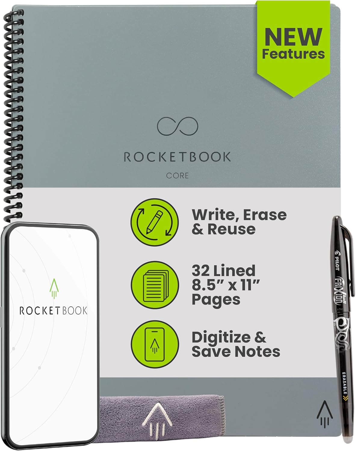 Rocketbook New Core Reusable Spiral Notebook, Letter Size 8.5x11, Gray - Lined Pages, App-Connected, Erasable, Durable Cover, Ideal for School, Work, and Creative Projects