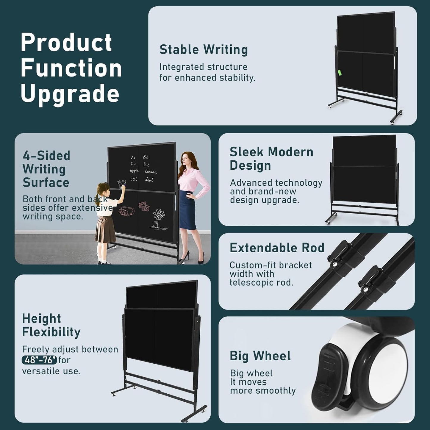 60x48 Inch Large Rolling Blackboard | Height Adjustable Double-Sided Magnetic Blackboard on Wheels | for Classroom, Home & Office Use