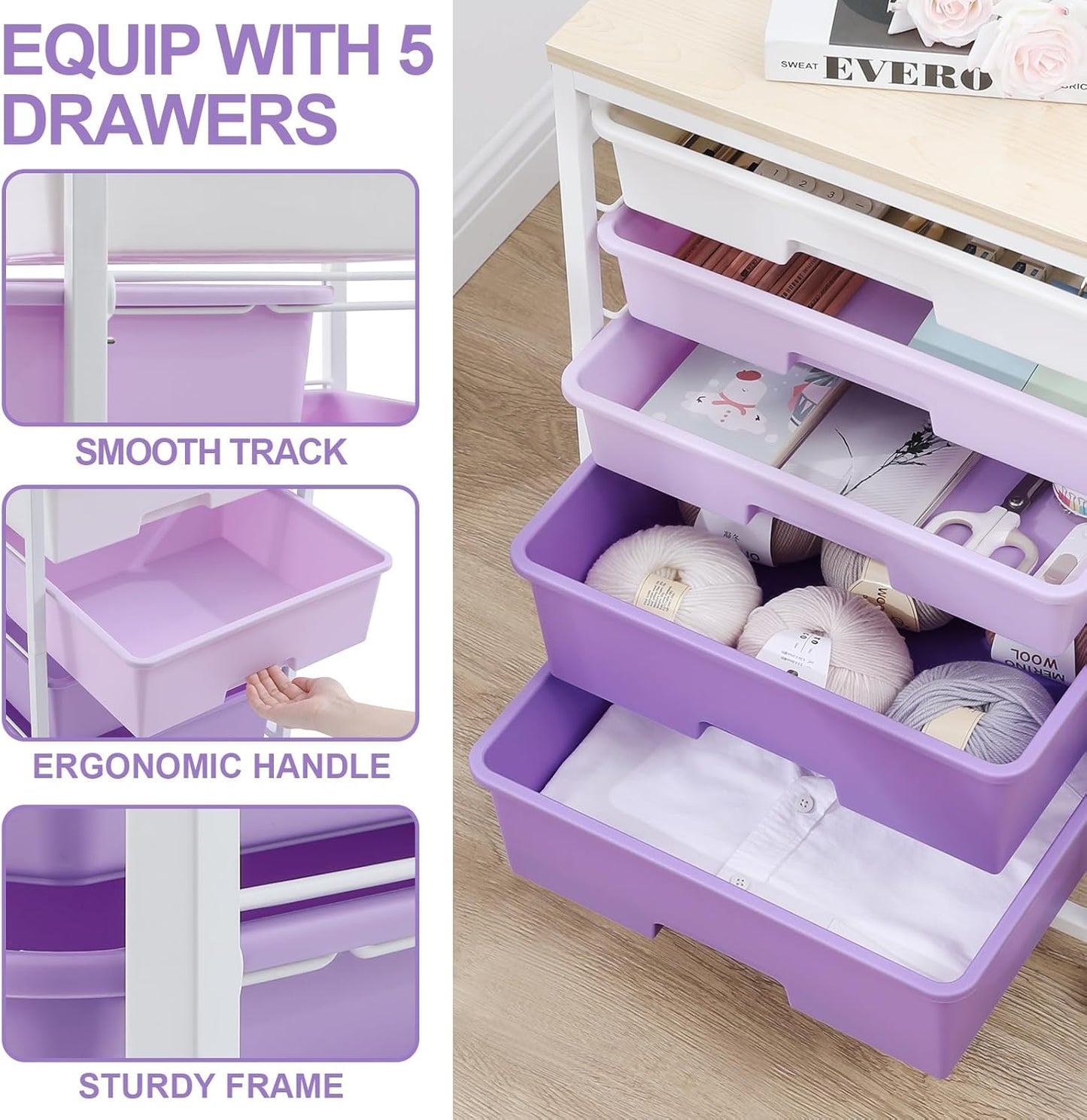 Utility Cart with 5 Drawers,Storage Drawer Cart with Wooden Tabletop and Lockable Wheels,Craft Storage Trolley Cart,5-Tier Rolling Utility Cart on Wheels,Purple