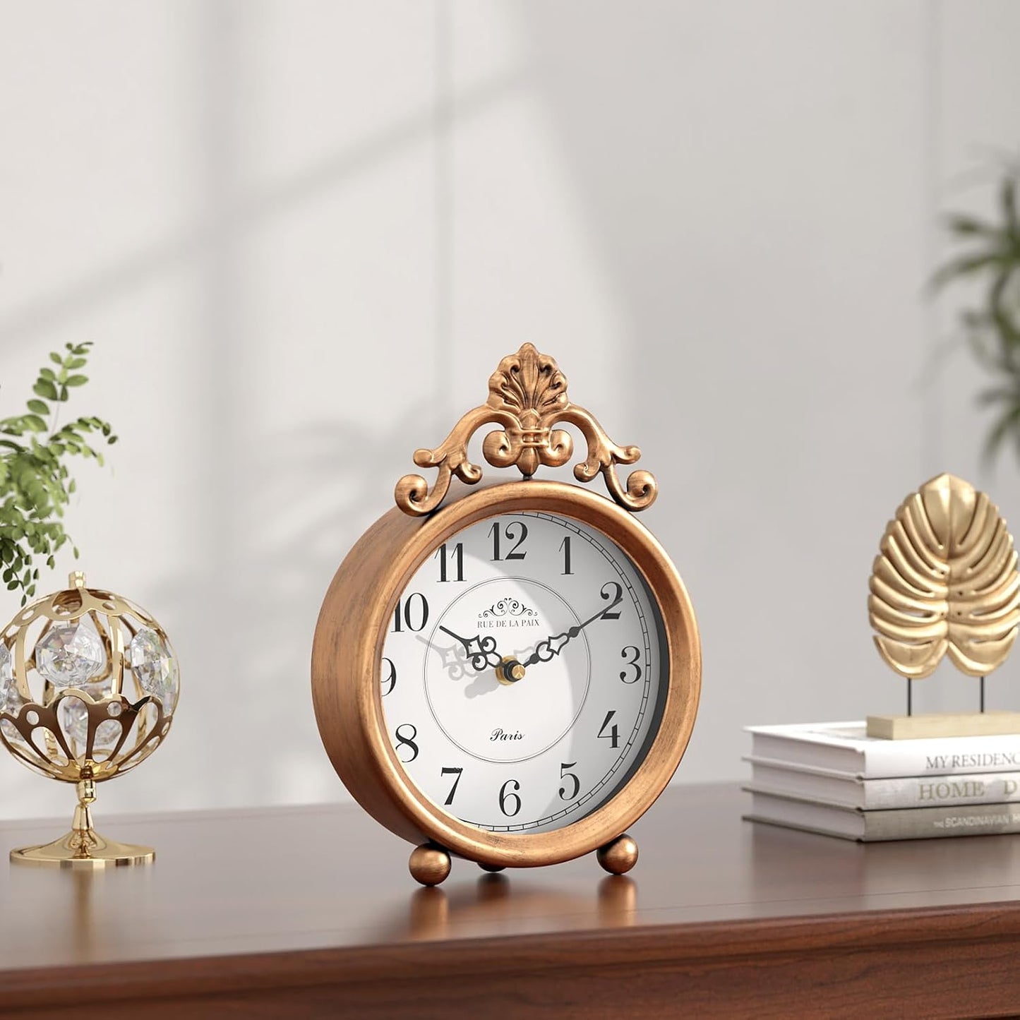 Vintage Gold Table Clock, Desk and Shelf Mantel Clock, French Rustic Antique Style Decor Clocks, for Farmhouse, Bedroom, Living Room, Bedside, Gift (9" H x 6.3" W)