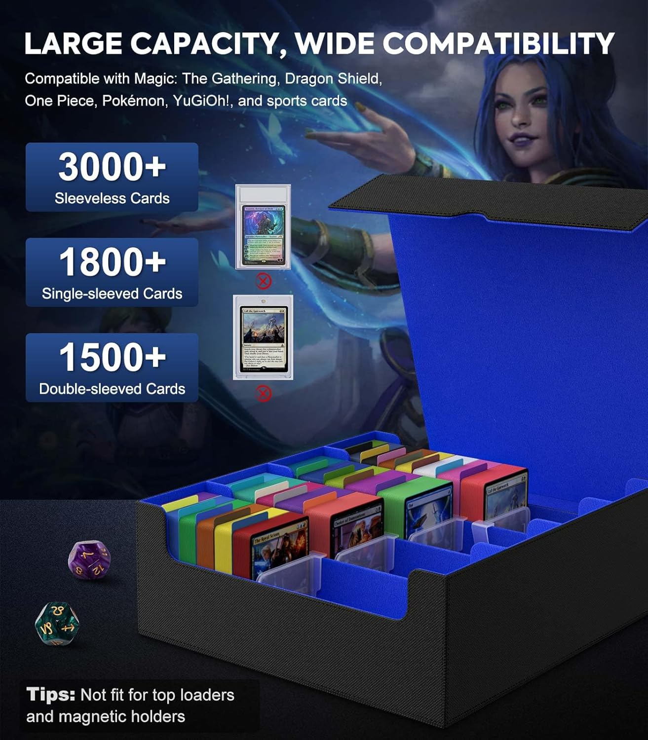 MoKo Trading Card Storage Box, 3000+ MTG Deck Box with 24 Colorful Dividers & 4 Card Supporters, Commander Card Deck Case Fits for Magic Game Cards, YugiOh, TCG, PTG and Sport Cards, Black Blue