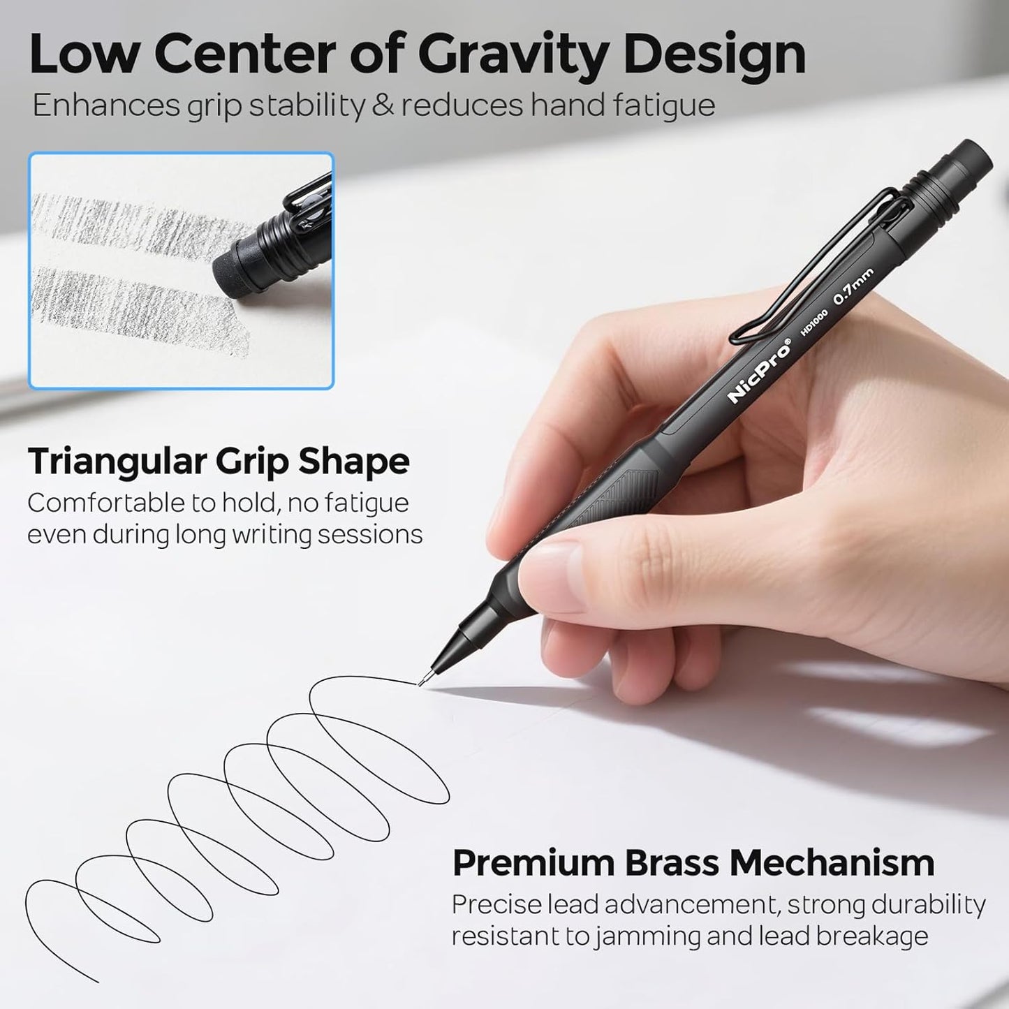 Nicpro 0.7 mm Mechanical Pencil Set with Case, 3PCS HD1000 Art Drafting Pencils Lead Pencil 0.7 With 6 Tube HB Lead Refills, Eraser, Weatherproof Barrel for Outdoor Writing Drafting Drawing Sketching