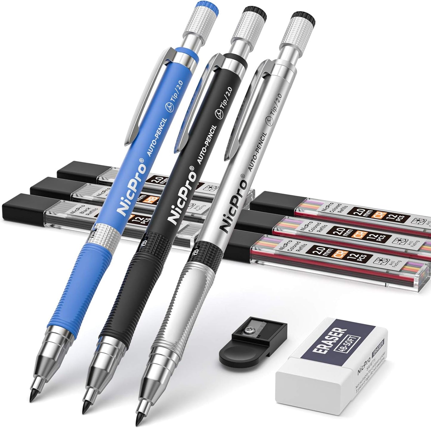 Nicpro 11 Pieces Colors 2mm Mechanical Pencil Set, 3 PCS Carpenter Drafting Pencil 2.0 mm for Art Drawing Writing Sketching Construction with 6 Tube Pre-Sharpen 2B & Color Refill, Eraser, Sharpener