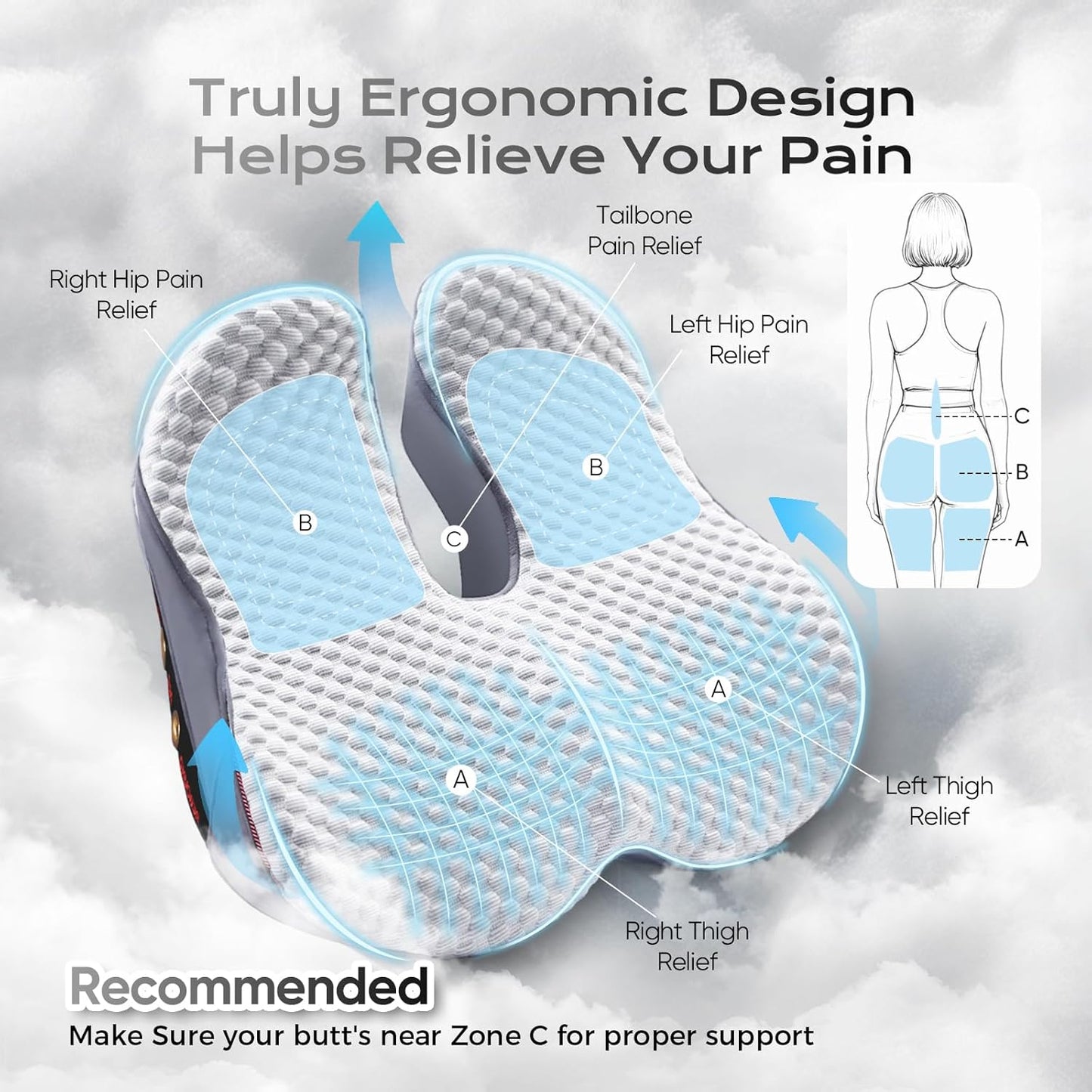 Seat Cushion for Tailbone Pain Relief X-Large,Ergonomic Office Chair Cushions for Butt Hip Lower Back & Sciatica Pain Relief Pillow,Pressure Relief Seat Cushion for Long Sitting, Car & Plane (Grey)