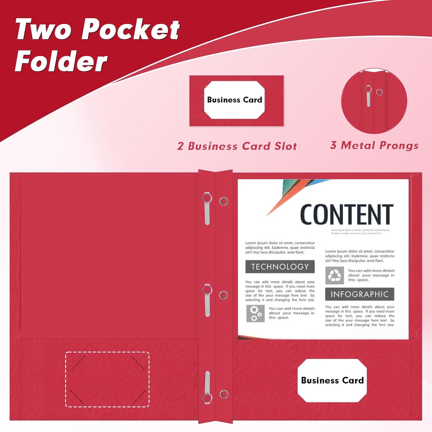 Two Pocket Folders, PANDRI 30 Pack Two Pocket Folders with Prongs, 3 Prong Folders Designed for Office and Classroom, Letter Size Red