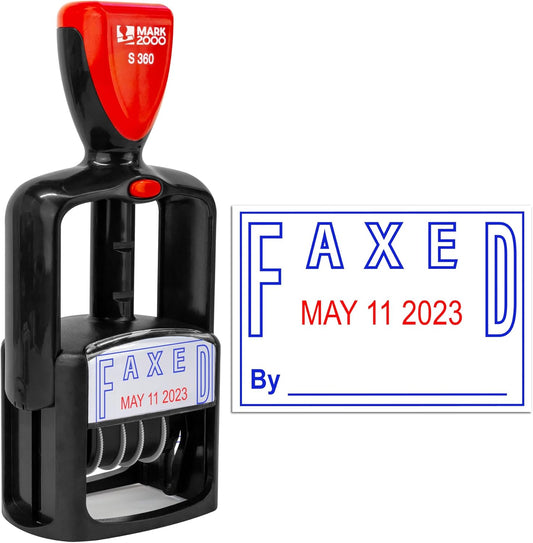 Self-Inking Rubber Date Office Stamp with Faxed Phrase - Blue Ink & Date Red Ink - 12-Year Band
