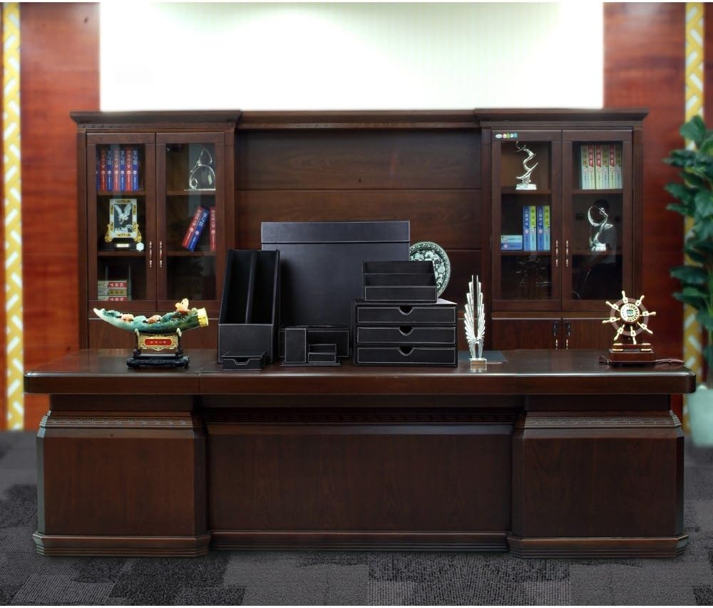 KINGFOM 7-Piece Desk Organizer Set for Home & Office, Includes File Holder, Tissue Box Cover, Desk Pad, Note Paper Holder, Pen Holder, Black