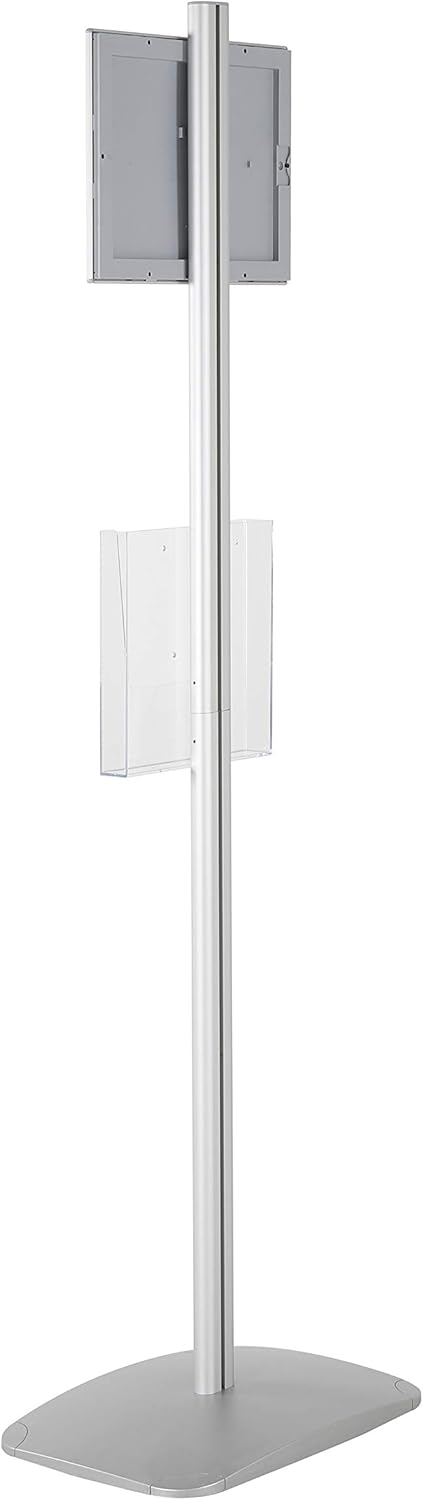 M&T Displays Free Standing Aluminum Display Stand Single Sided Document Brochure Sign Holder Front Loading Portrait Landscape Silver Snap Frame 1x(8.5x11) and Clear Acrylic Pocket 1x(8.5x11) Inch