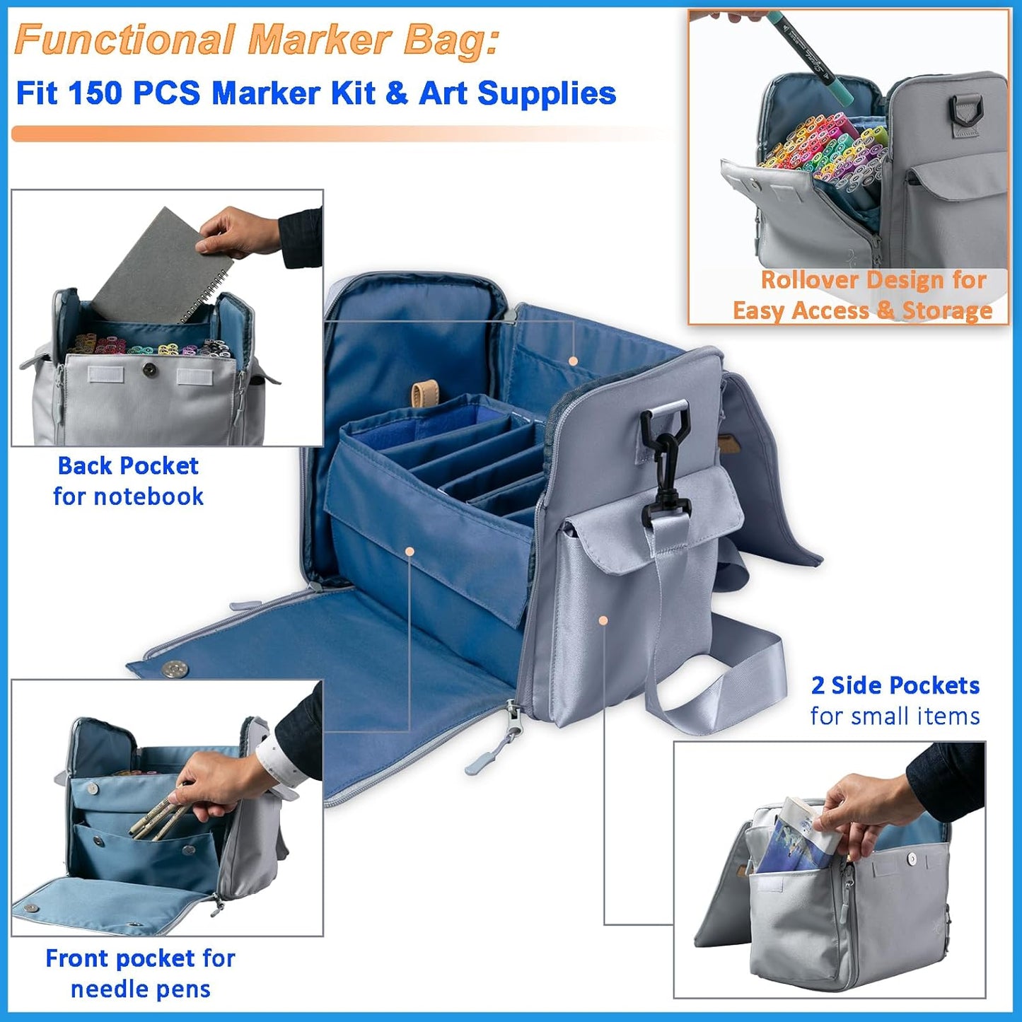 Togood Storage Tote Bag for Marker Pens Brush Pen Coloring Pencils Books Art and Crafts Supplies Tools Cosmetics, at Least 150 Pens (Grey)