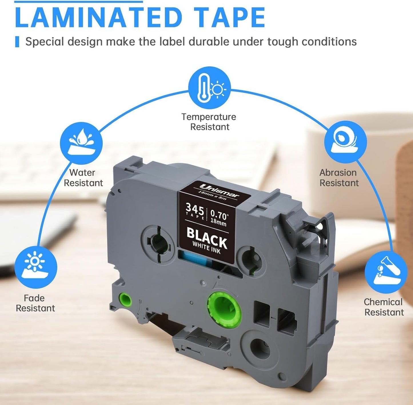 Unismar TZe-345 Compatible for Brother Ptouch 18mm 0.7 Laminated White on Black Label Tape TZ345 TZ Tape Work for PT-D400AD PT-D410 PT-D600 PT-D400 PT-2700 PT-1880 Label Maker, 3/4'' x 26.2', 4-Pack