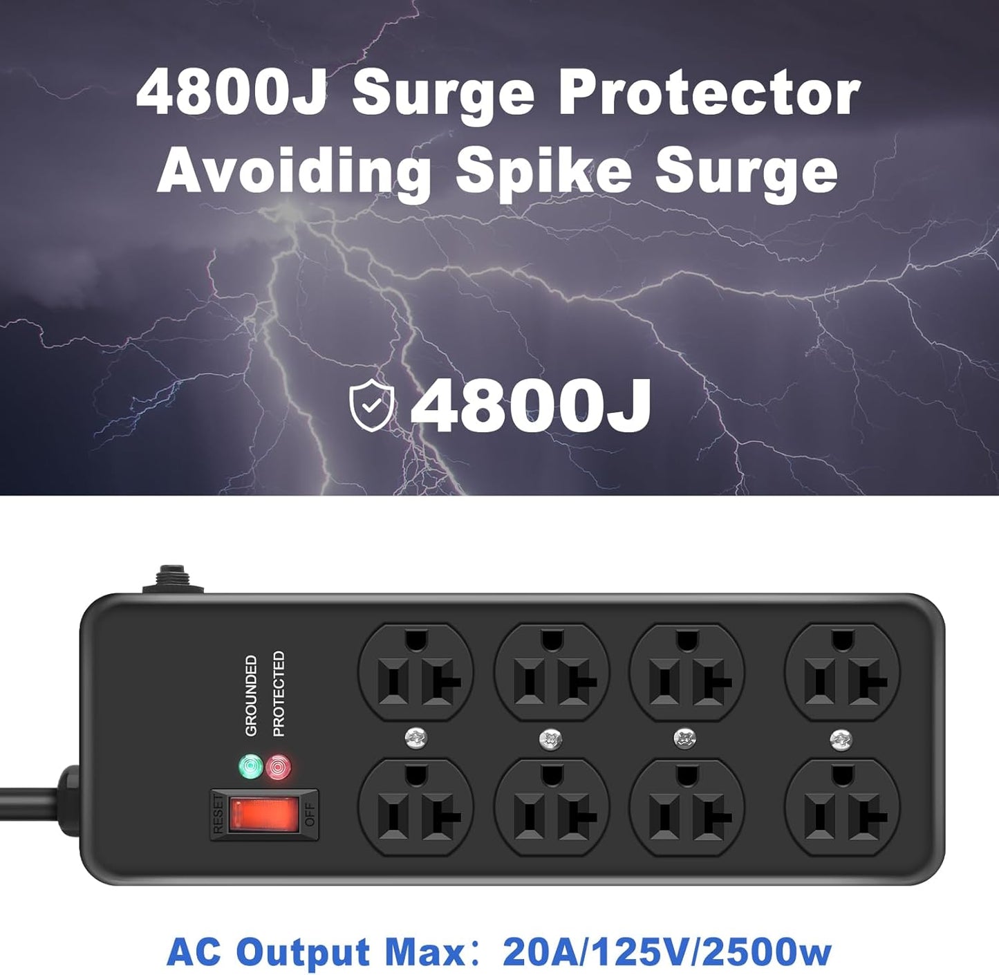 20Amp Power Strip Surge Protector, Durable Metal 8-Outlet with Heavy Duty 20 Amp 6Ft 12 Gauge Extension Cord, for Garage, Workshop & Industrial Use with 6-20R T-Slot Outlets, 4800J