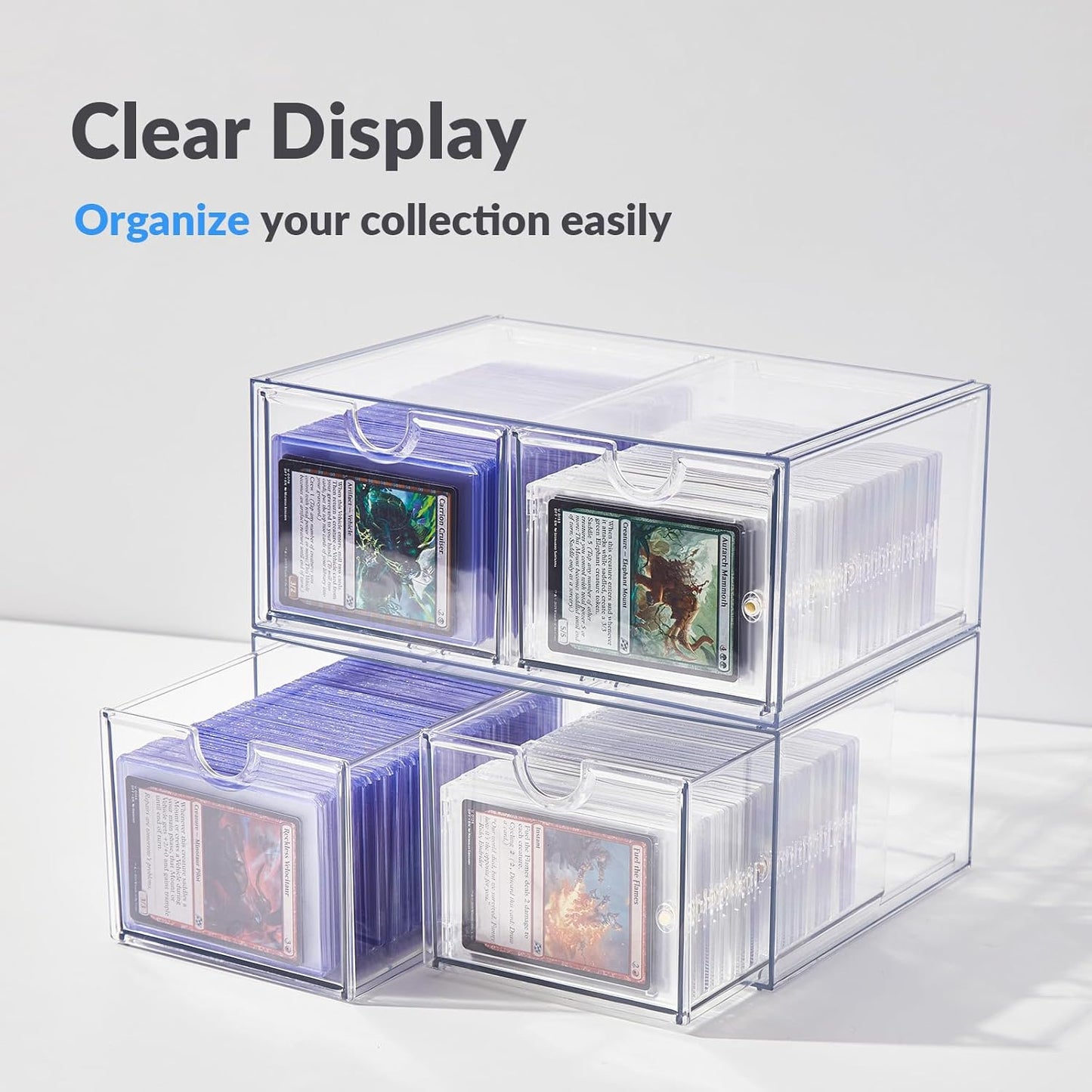 4 Drawer Trading Card Storage Box for Toploader & Magnetics, Clear Card Organizer with Divider for TCG, MTG, Sports Cards, Holds 380+ Top Loaders