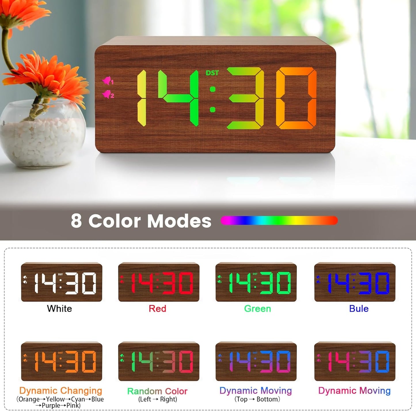 Wooden Digital Alarm Clock with Fast Wireless Charger, Dual USB Charging Ports, DST, Dimmable, Snooze, RGB Large Number Display LED Clock for Bedrooms, Living Room, Desk, Table, Bedside(Brown)