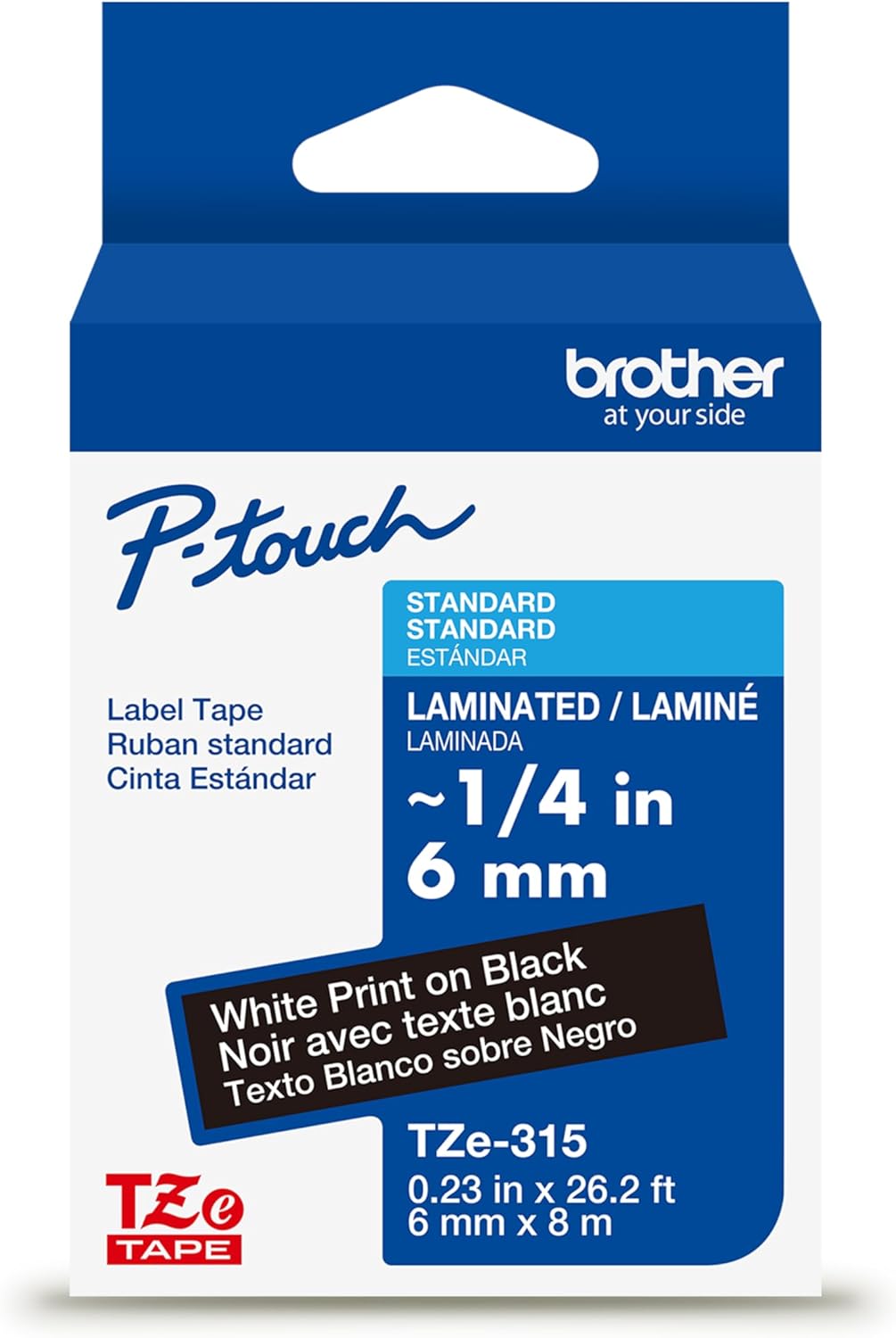 Brother Genuine P-Touch TZe White Print on Black Label Tape (TZe315), Laminated,1/4in x 26.2ft (6mm x 8m), for Select P-Touch Label Makers, Durable, Water-Resistant, Indoor/Outdoor Use