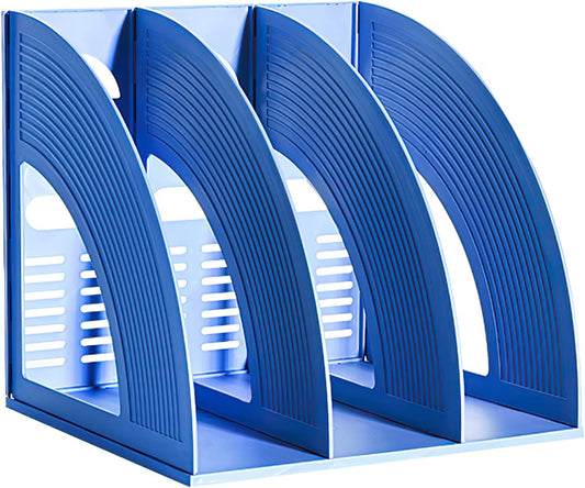 SAYEEC File Holders Folder Magazine Storage Holder Binder Stand 3 Compartment Blue Standing Files Bookshelf Organizer Magazines Divider Black Holds Documents for School Working Students