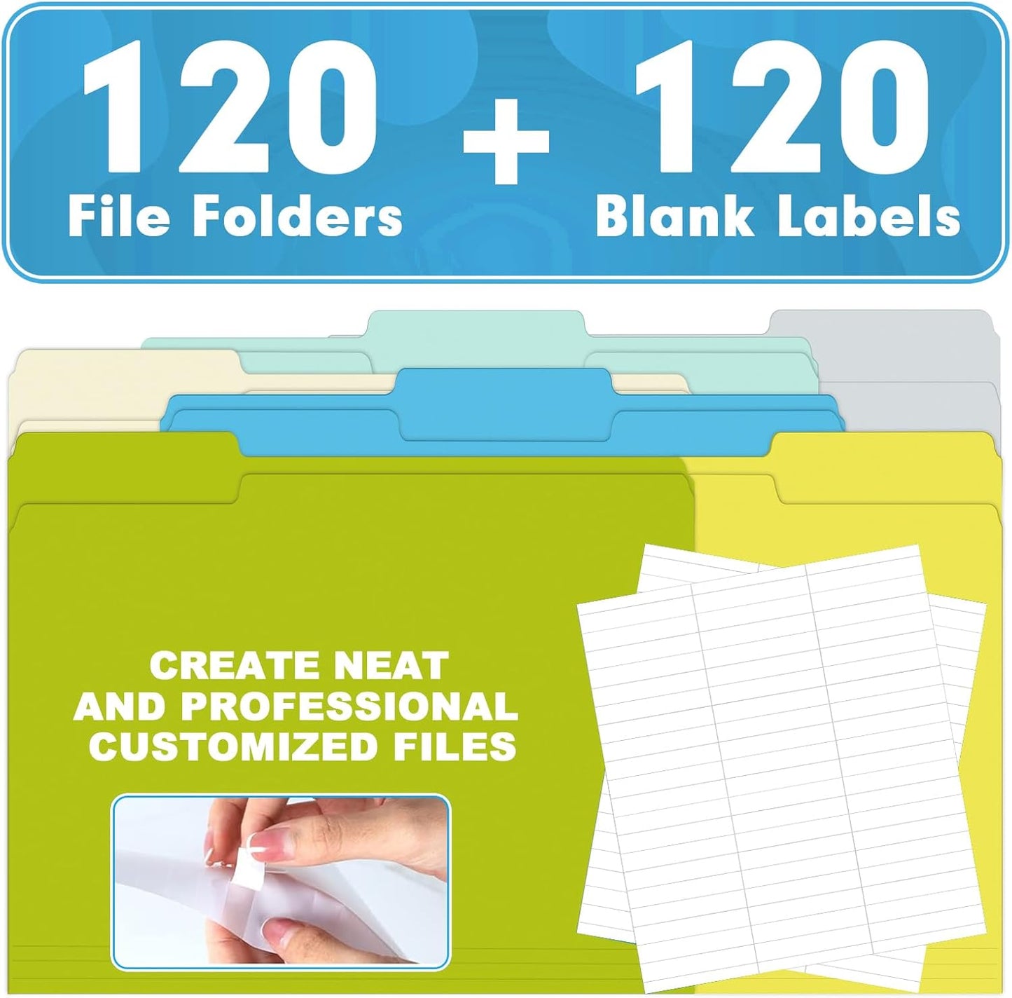 File Folder, HERKKA 120 Pack 1/3 Cut Tab File Folders, Letter Size, Assorted 6 Colors, Colored File Folders Great for Organizing and Filing