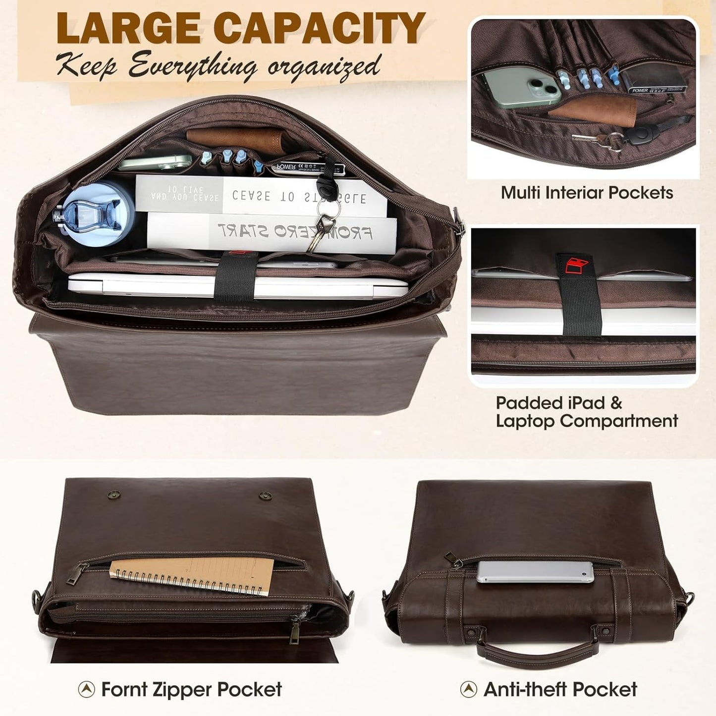 RAINSMORE Mens Messenger Bag 17 Inch Waterproof Vintage Leather Laptop Briefcase Large Laptop Bag Satchel Bag Computer Shoulder Bag for Office Business Travel College,Brown