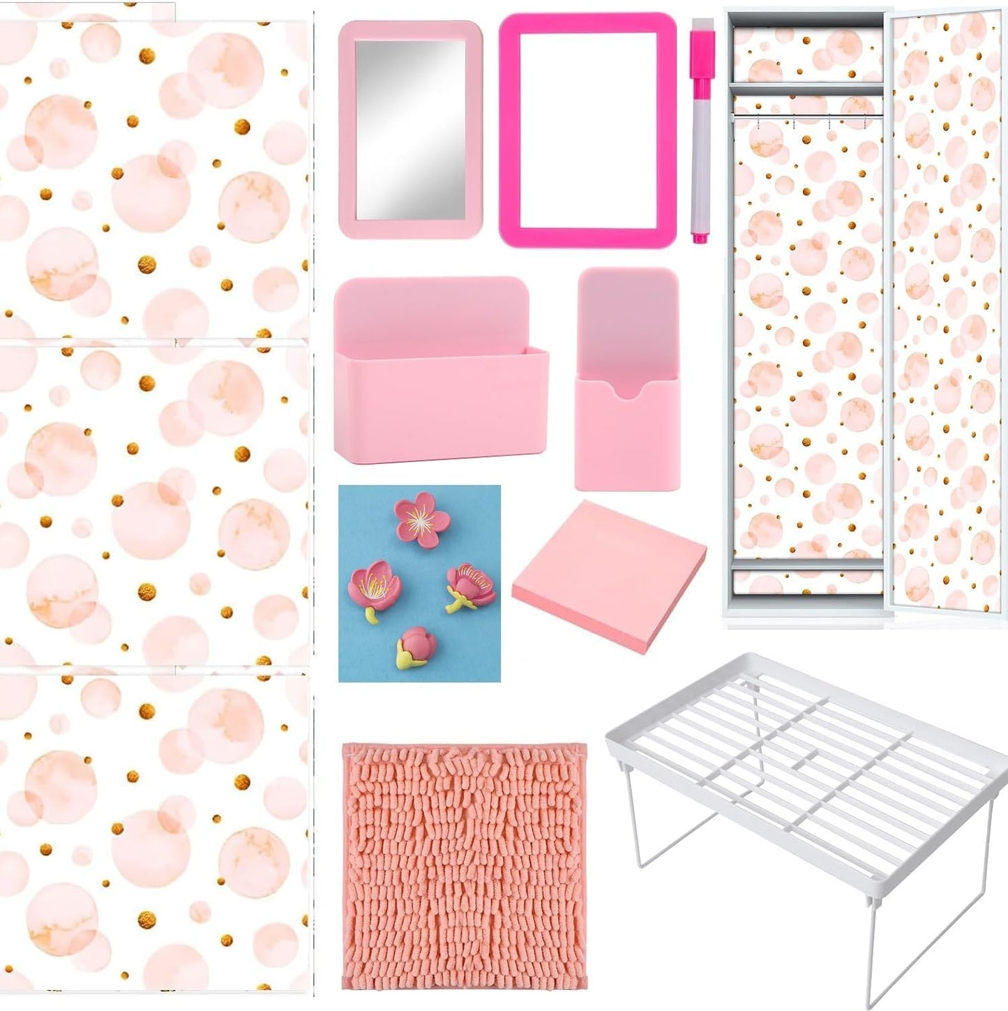 20 Pcs School Locker Accessories Locker Organizer Shelf Magnetic Wallpaper Mirror Pen Holder Rug Whiteboard Dry Erase Marker Pink Flower Magnets Hooks for Girl Office School Supplies Back to School