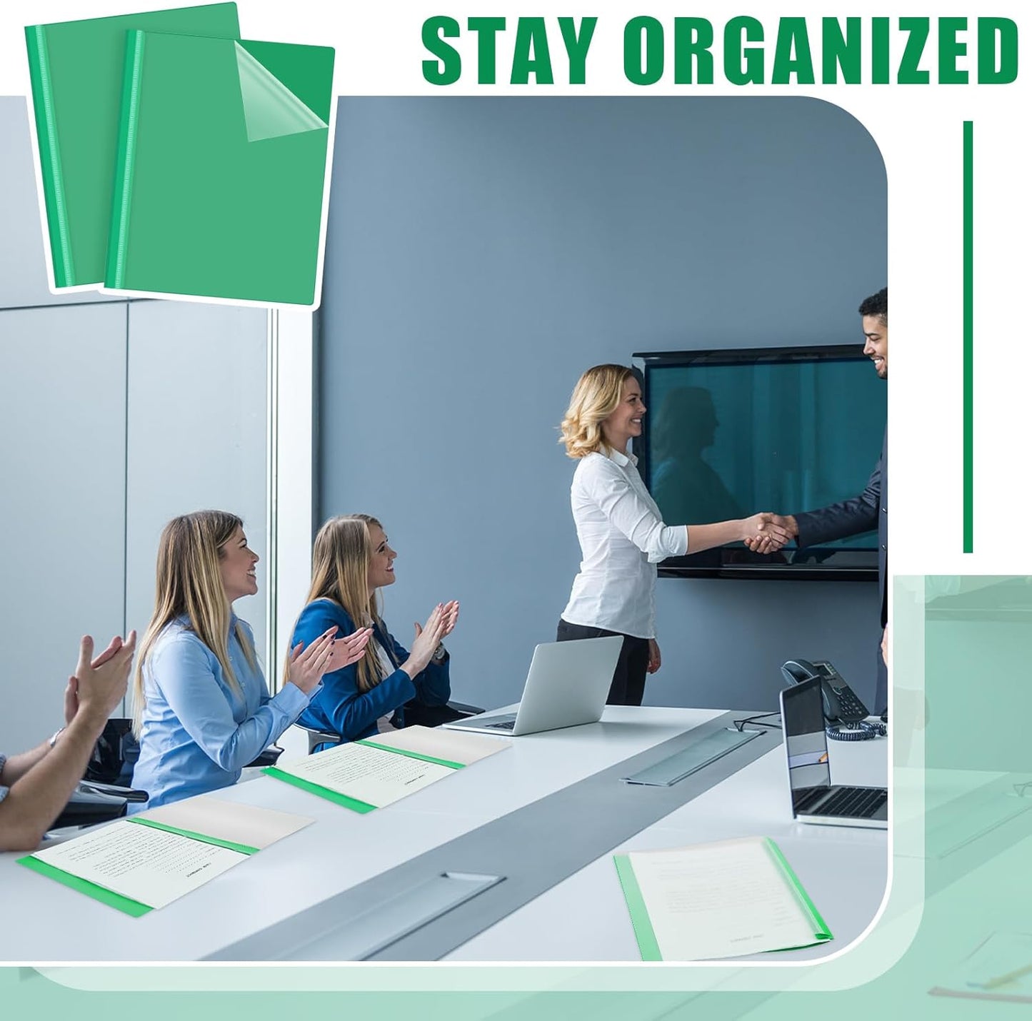 Teling 100 Pcs Plastic Report Covers with 3 Prong Fasteners 11.42 x 9.45 Inch Clear Front Report Covers Bulk Presentation Folders for School Document(Green)