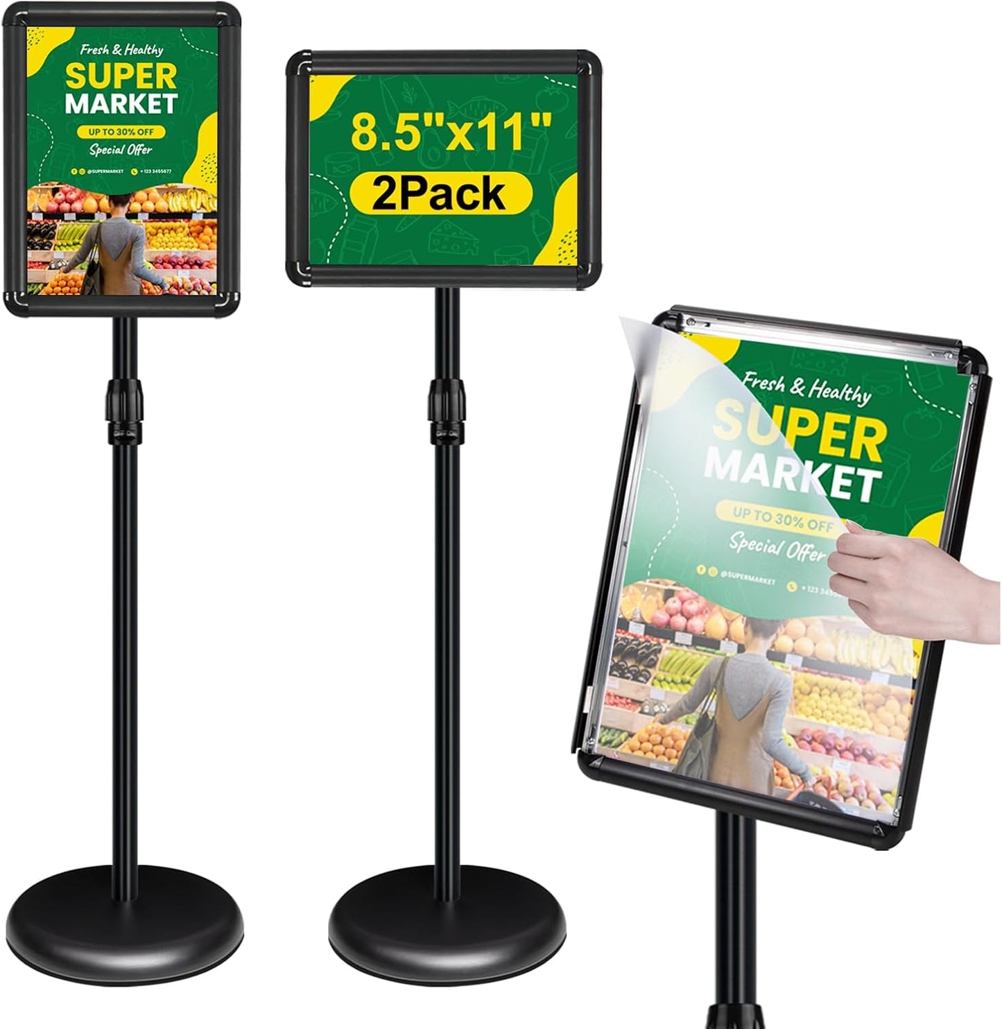 2Packs Adjustable Pedestal Sign Holder Stand 8.5''x11'', Floor Standing Poster Sign Stand for Vertical/Horizontal View Sign stand,Outdoor/Indoor Standing Sign Holders(Black, Round)