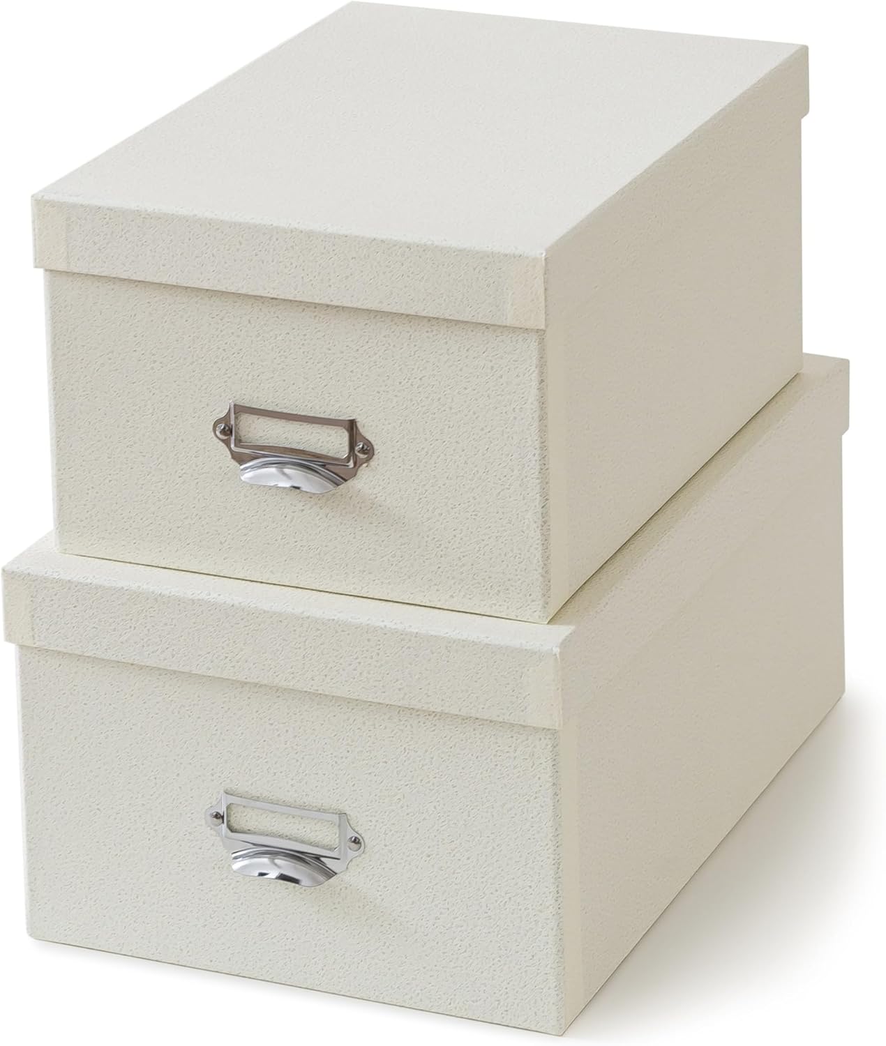 Soul & Lane Decorative Cardboard Storage Boxes with Lids, Set of 2 Stacking Keepsake Photo and Memory Boxes for Home & Office, Paperboard Organizers with Label Holders and Drawer Pulls, Cream White