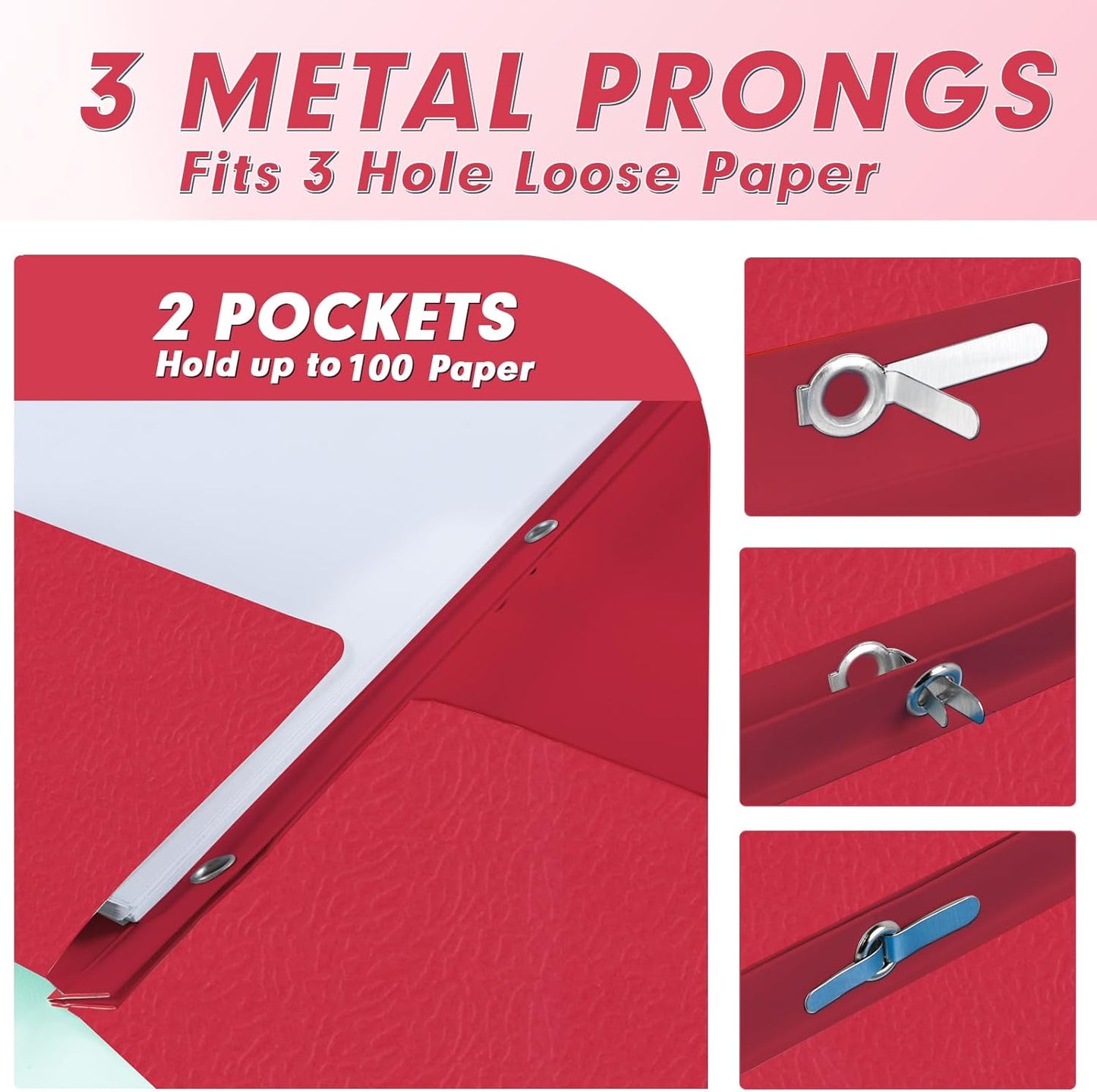 Two Pocket Folders, PANDRI 30 Pack Two Pocket Folders with Prongs, 3 Prong Folders Designed for Office and Classroom, Letter Size Red