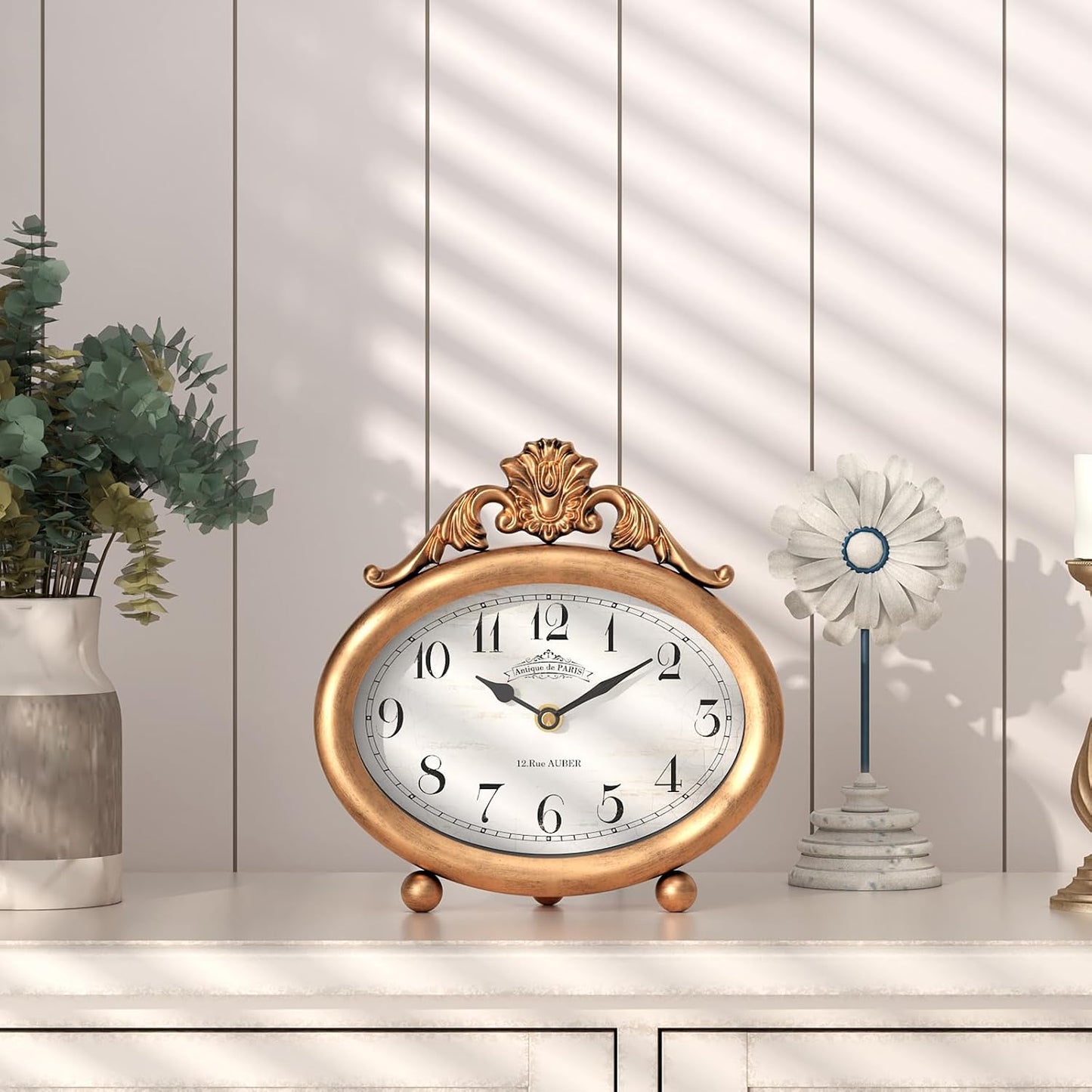 Vintage Table Clock, Desk and Shelf Decor Clock, French Rustic Antique Style Gold Mantel Clocks, for Farmhouse, Living Room, Bedroom, Bedside, Gift (7.87" H x 7.87" W)