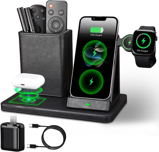 Office Supplies Desk Accessories,Pen Holder Remote Control Holder, Organizer with Phone Charger,Nightstand Desktop Organizer,Black Leather Desk Organizer With Charging Station (black)