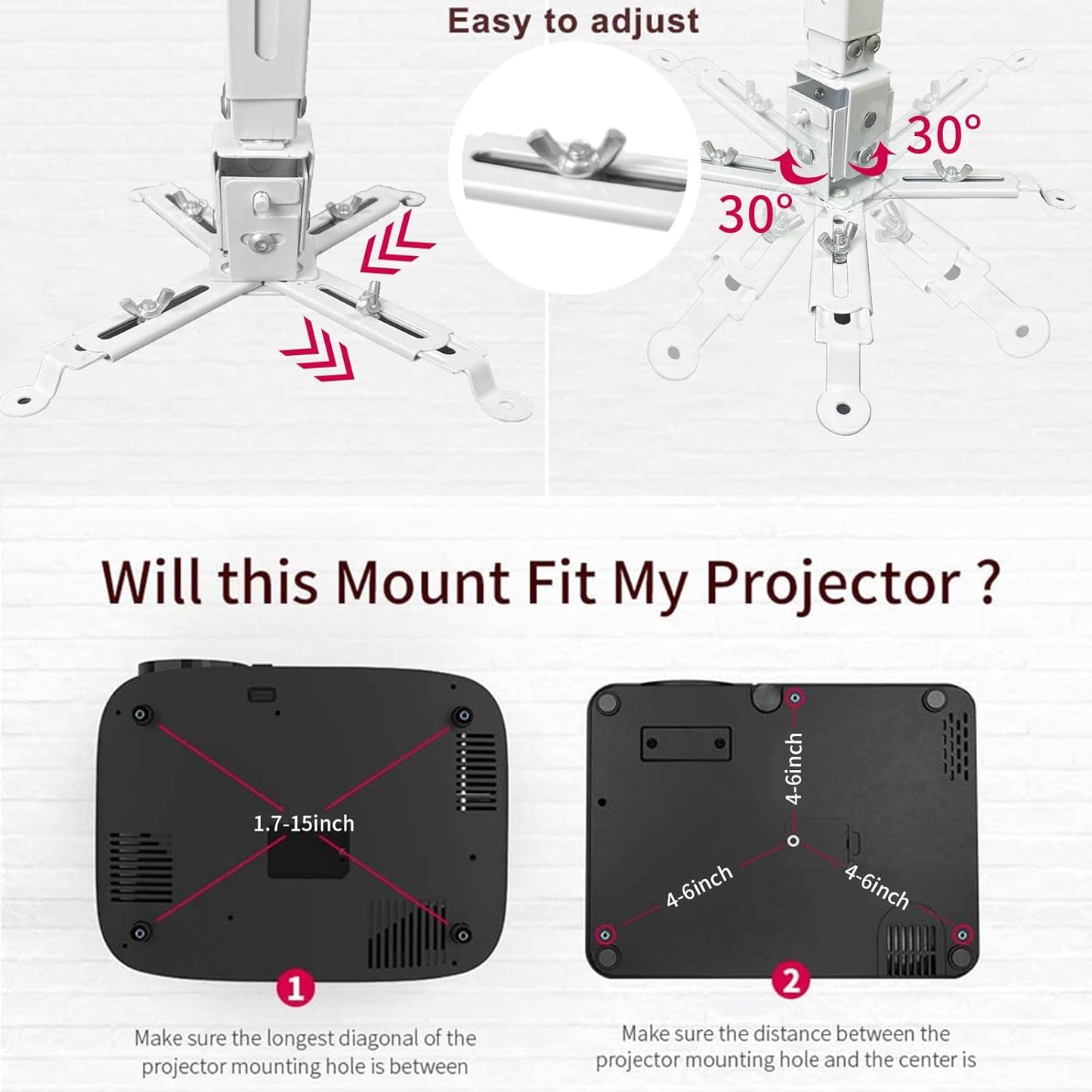 Projector Mount Wall or Ceiling Projection Mount Bracket with Adjustable Height and Extendable Arms Mounts for Home and Office Projector