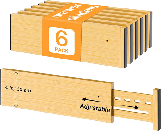Bamboo Drawer Dividers 4" High, 12.8-18" Adjustable Drawer Organizers for Clothes,Expandable Dresser Separators in Bedroom/Kitchen/Bathroom/Office Organization and Storage,6 Pack