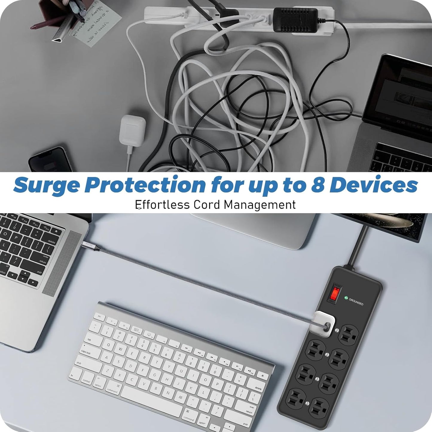 HEZI 8 Outlet Heavy Duty Power Strip, 15Amp Metal Mountable Surge Protector (2700J), Industrial Wall Mount Power Strip for Home, Office, Garage & Workshop, 10FT 14AWG Extension Cord