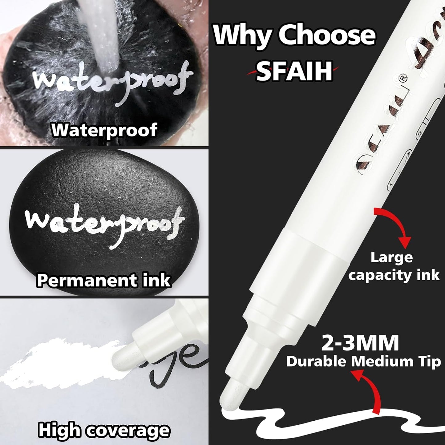 SFAIH White Paint Markers Pens - 4 Pack 2-3MM Medium Tip Acrylic White out Markers for Rock Painting, Wood, Metal, Fabric, Plastic, Canvas, Glass, Ceramic, Diy Crafts, Drawing, Tire, Correction