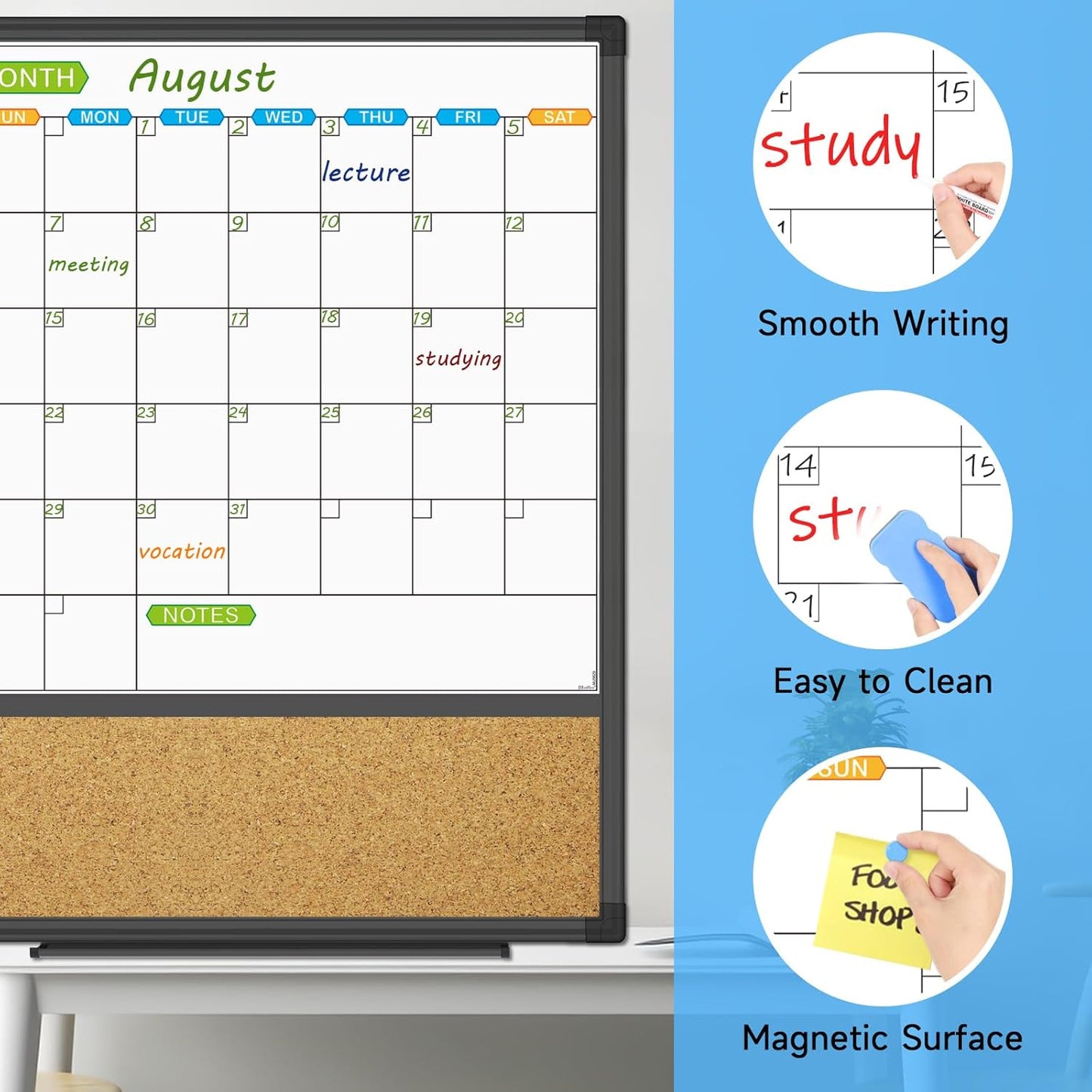 JILoffice Magnetic Calendar Whiteboard & Bulletin Corkboard Combination, Combo Board 20 x 28 Inch, Black Aluminum Frame Wall Mounted Board for Office Home and School with 10 Push Pins