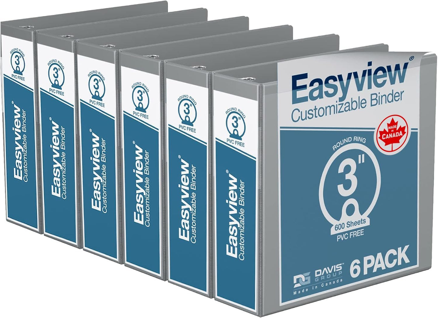Easyview Premium 3-Ring Binders with Clear-View Covers and Round Rings, Binders for School or Office, 3 Inch, Pack of 6, Gray