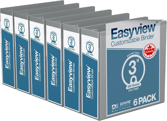 Easyview Premium 3-Ring Binders with Clear-View Covers and Round Rings, Binders for School or Office, 3 Inch, Pack of 6, Gray