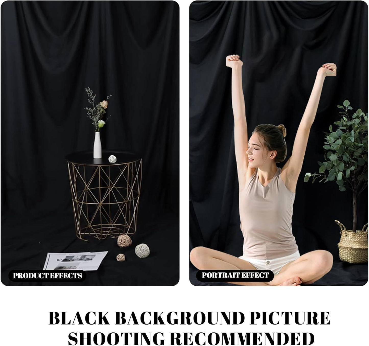 BEIYANG 10 x 10 ft Black Backdrop Background for Photography, Photo Cloth Background Screen, Wrinkle-Resistant Black Curtain for Portrait, Product Video, Photography Studio