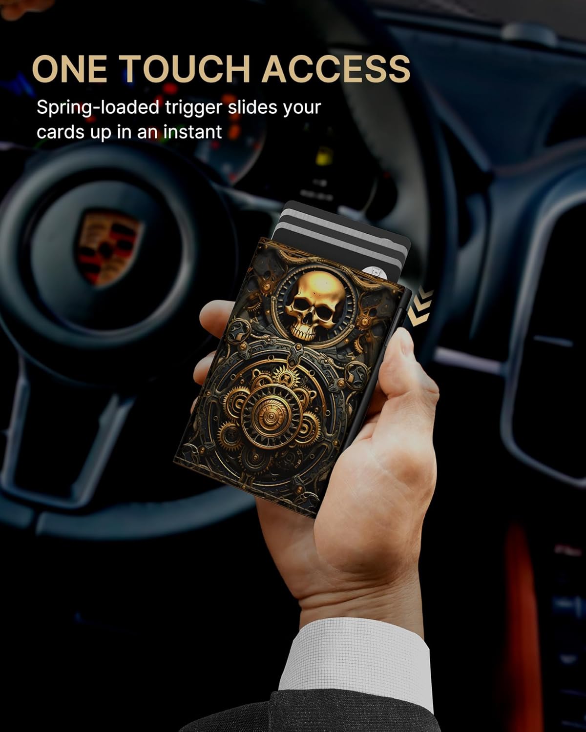 typecase Mens Wallet Card Holder: Pop Up Aluminum Case, Carbon Fiber Leather, Smart, RFID Blocking, Slim, Minimalist, Front Pocket - 9-14 Card Capacity | ID Window | Cash Slot (Skull)