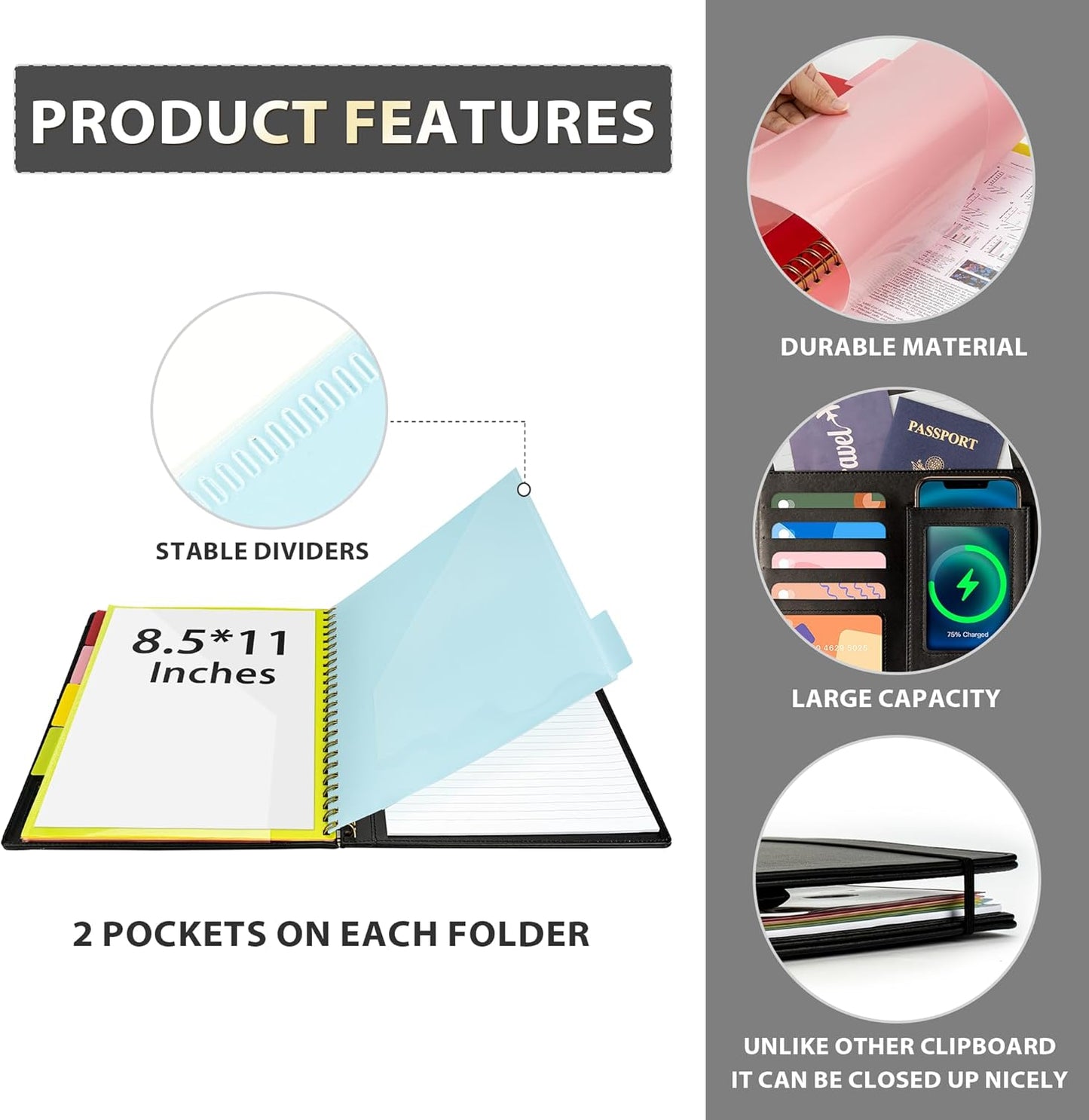 Clipboard with Storage for Men Women, Leather Padfolio Portfolio Organizer 5 Folders with 10 Pockets, Spiral Clipboard Folio with Notepad for Letter Size, Elastic Closure and Pen Loop Black