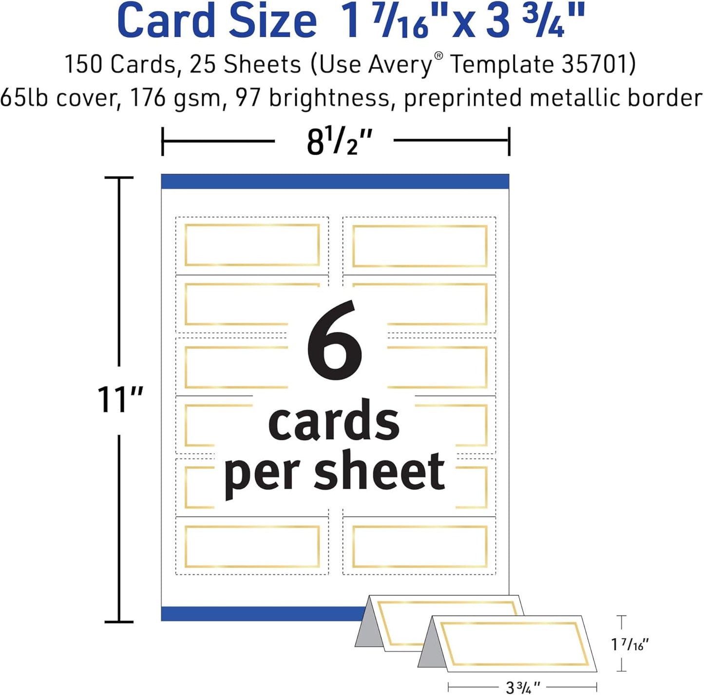 Avery Printable Place Cards with Sure Feed Technology, 1-7/16" x 3-3/4", White with Gold Border, 150 Blank Tent Cards for Laser or Inkjet Printers (35701)