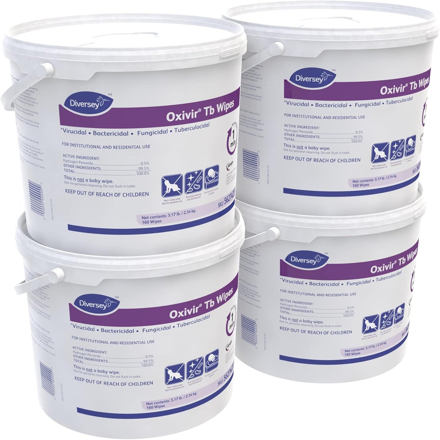 Oxivir Diversey Tb 5627427 Ready-to-Use Disinfectant Cleaning Wipes, Accelerated Hydrogen Peroxide, 11x12-Inch Extra Large Sheets, 160-Wipes, 1-Bucket (Pack of 4)