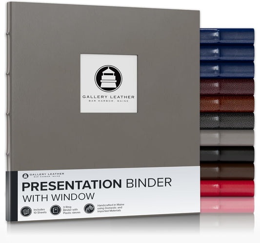 Gallery Leather 3 Ring Binder with Plastic Sleeves, Includes 10 Sheets, Sheet Size: 8.5" x 11" - Presentation Binder Rings with Window and Hubbed Spine, Thick: 0.75" Freeport Slate