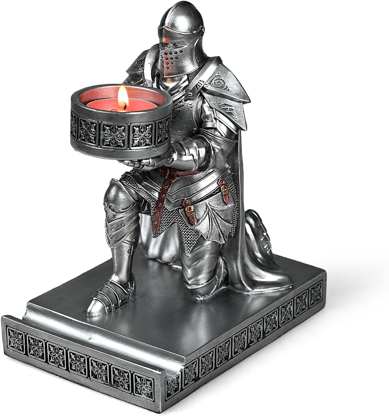 King's Guard Kneeling Knight Candlestick Holders Resin Posture TeaLight Holder Warrior Mobile Phone Stand Pen Holder Candle Holder for Restaurant, Altar, Home Table(Silver)