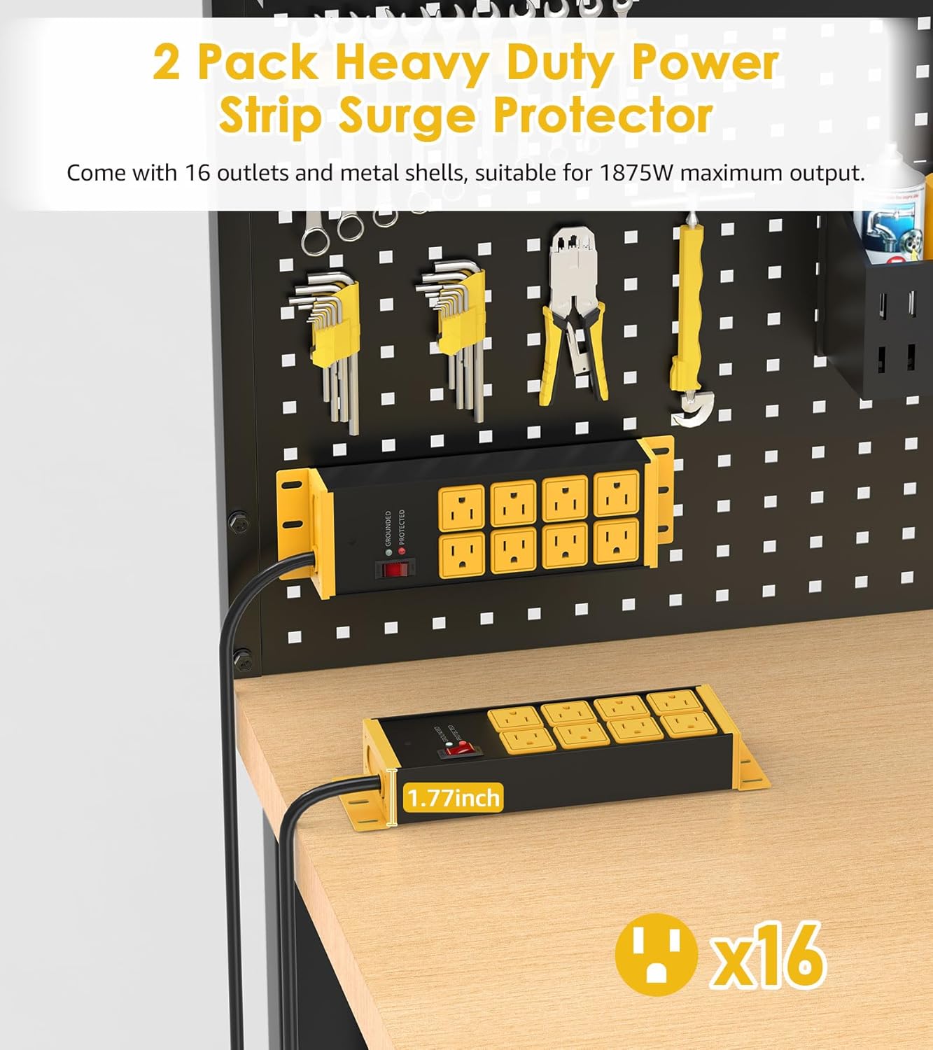 HHSOET 2 Pack Heavy Duty Power Strip 8 Outlets, Metal Wall Mount Outlet Strip 4800J Surge Protector, Garage Shop Under Desk Mountable 6FT Extension Cord Plug, ETL Listed