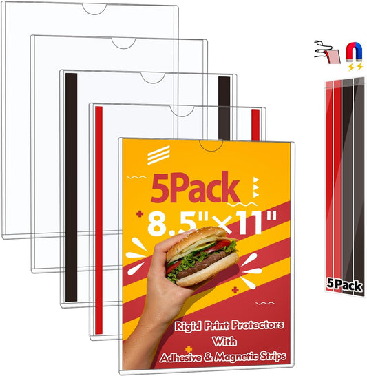 Magnetic Sign Holder 8.5 x 11 - Rigid Plastic Wall Sign Holder Reusable Adhesive Frames, Magnetic Frame for Refrigerator Door Window, Clear Rigid Print Protectors for Paper Picture, 5 Pack
