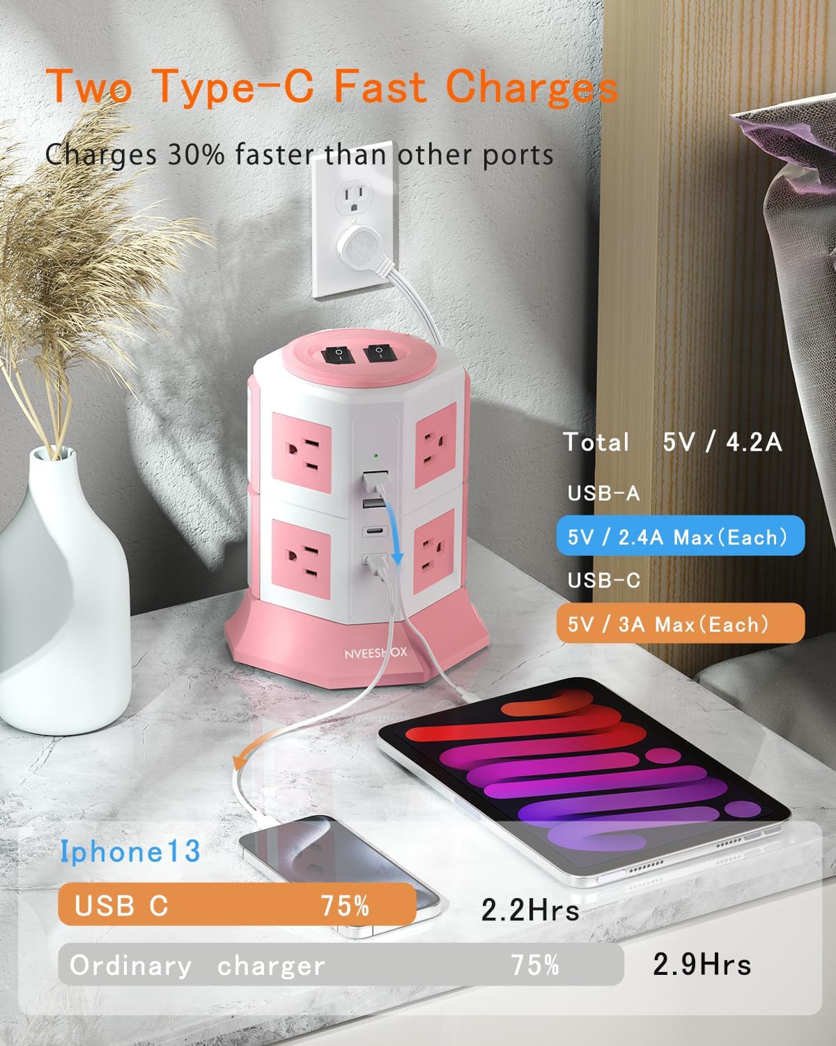 NVEESHOX Surge Protector Power Strip Tower, 10 Feet Ultra Flat Extension Cord with 12 AC Outlets 5 USB Ports(2 Type C), Desktop Charging Station, Flat Plug Outlet Extender for Home Office Dorm