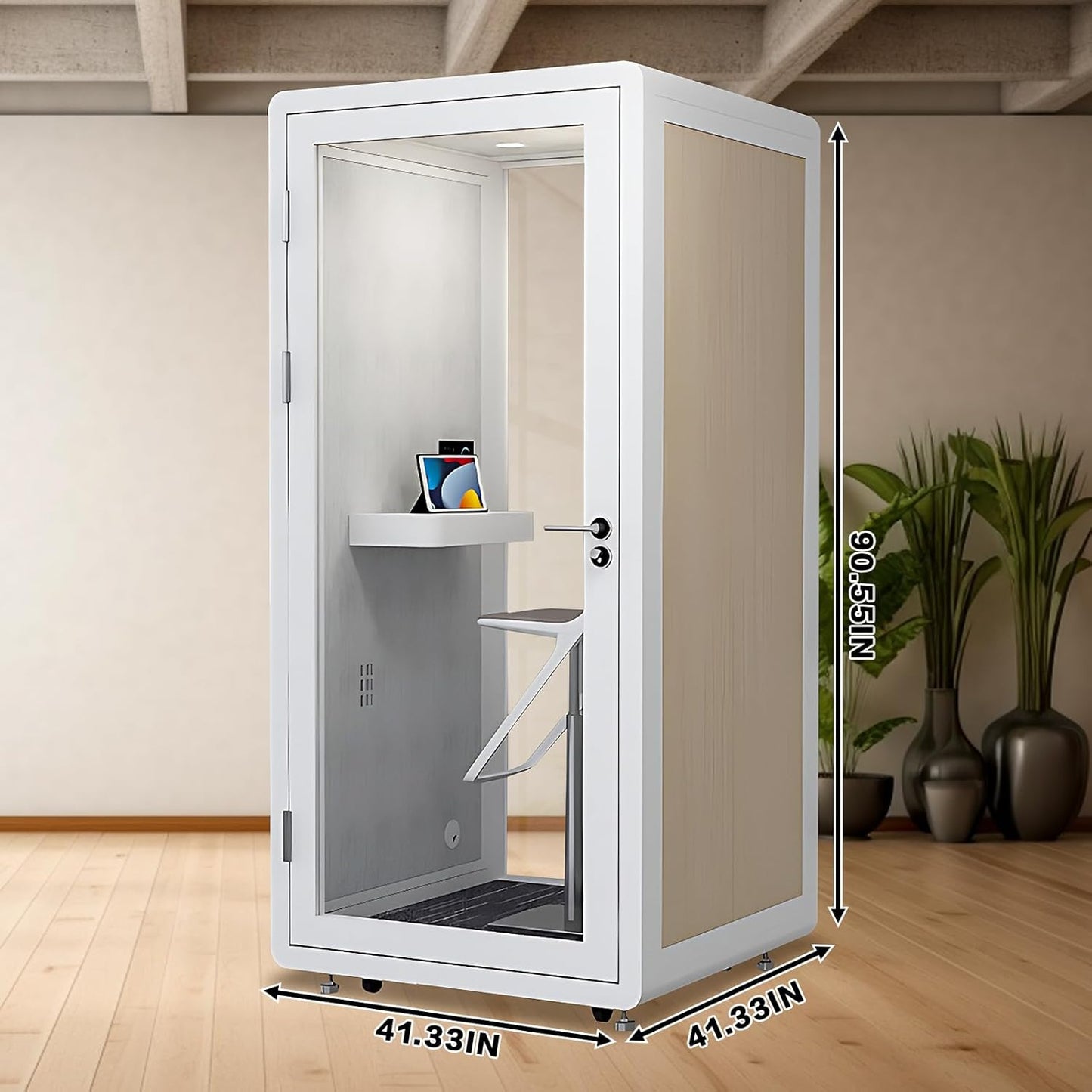 Office Sound Booth with Audio Privacy - Removable Soundproof Booth Includes White with Wood Grain Side Trim,Soundproof Room with Light,Fans, Socket for Singing Room,Telephone Booth (41.33IN)