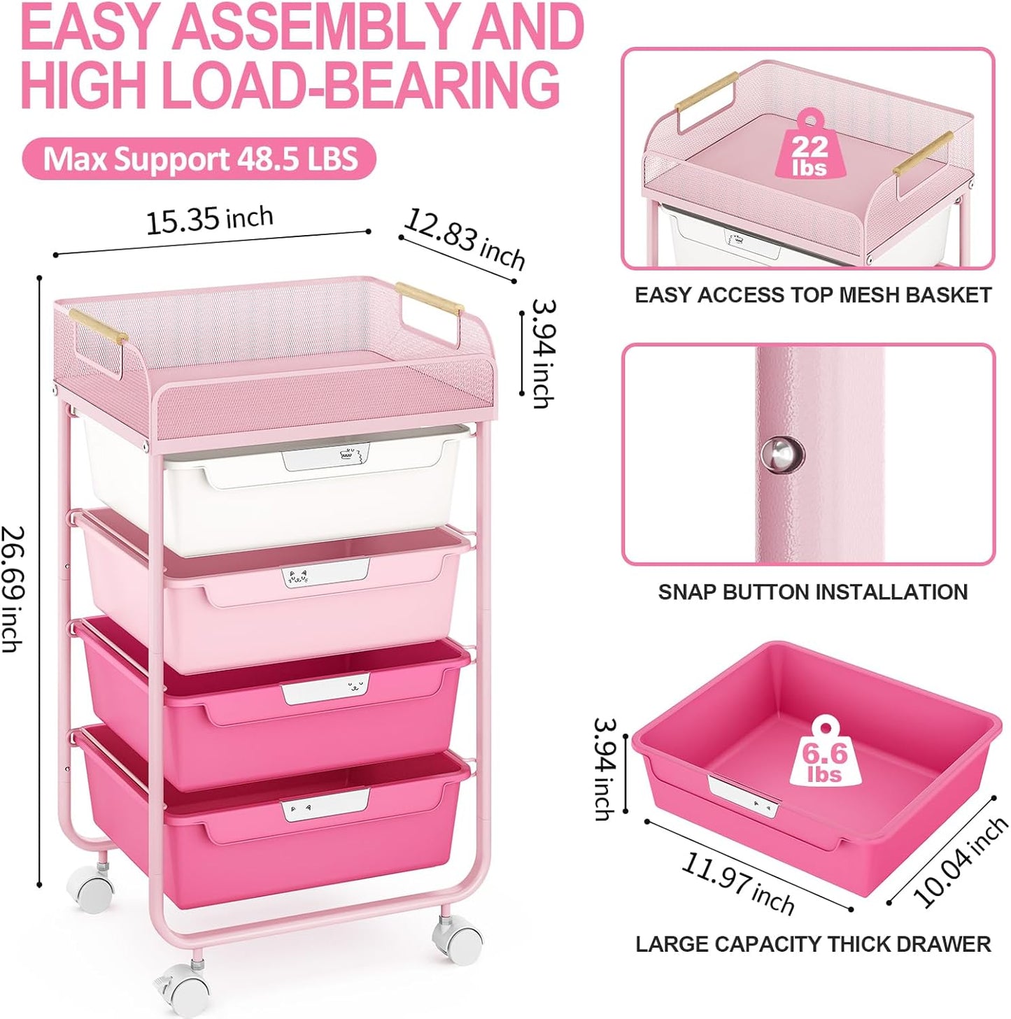 Rolling Cart with 4 Drawers,4 Tiers Rolling Utility Cart Craft Cart,Rolling Storage Drawer Cart with Mesh Top,Storage Cart with Drawers & 4 PCS DIY Lable, Rose Pink