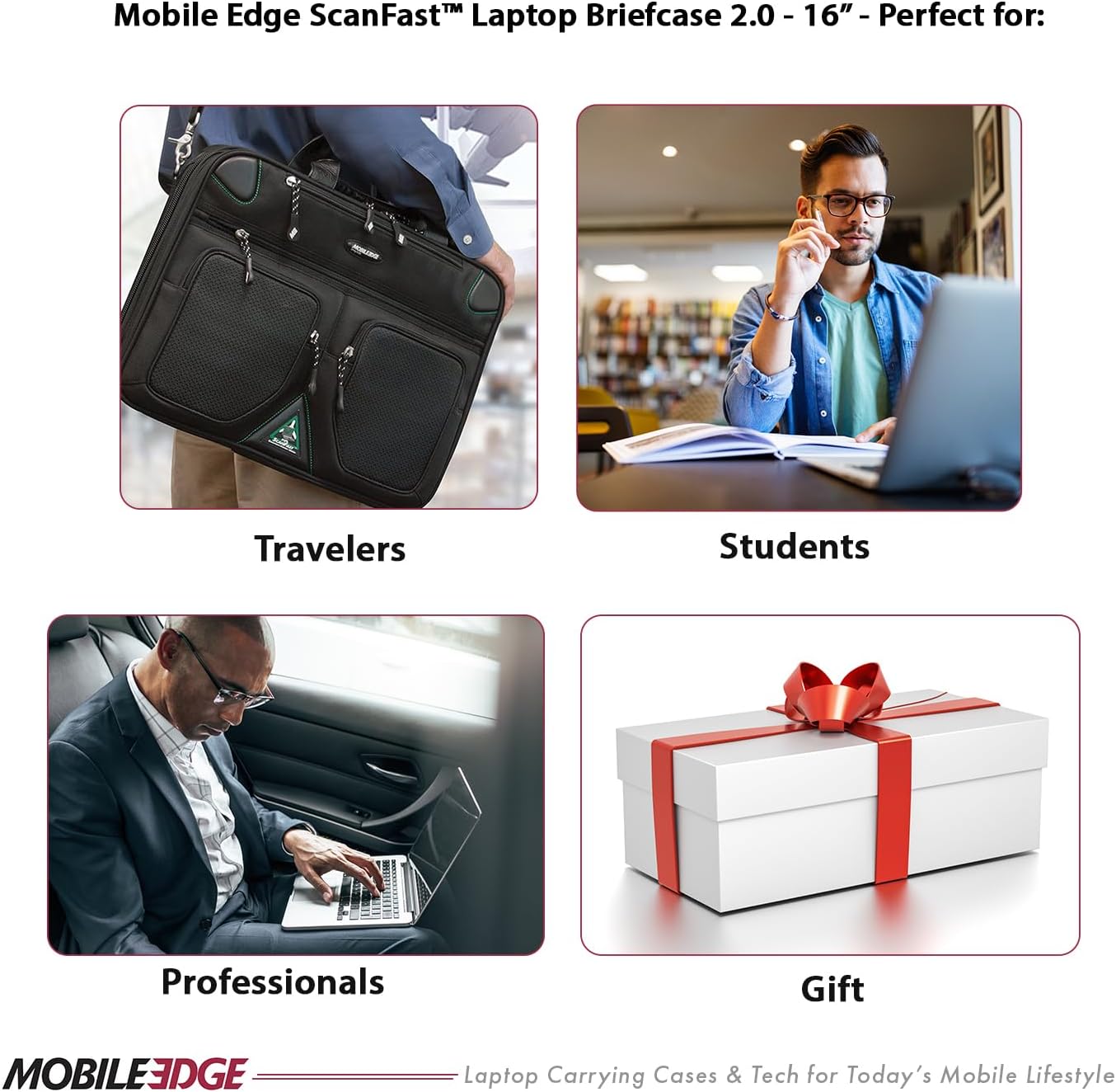 Mobile Edge ScanFast Laptop Briefcase Bag for Men and Women, for 16" PC and Compatible with MacBook 17", TSA Checkpoint Friendly, Black