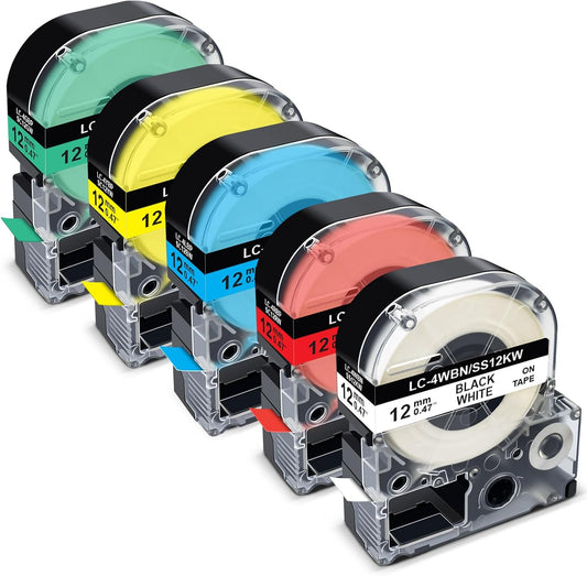 Pristar 5-Pack Compatible for Epson 12mm 0.47" Label Tape LK-4WBN SS12KW LK-4LBP LK-4RBP LK-4YBW LK-4GBP Color Refills Work for Epson LabelWorks LW-300 LW-400 LW-500 LW-600P LW-700 LW-900P Label Maker