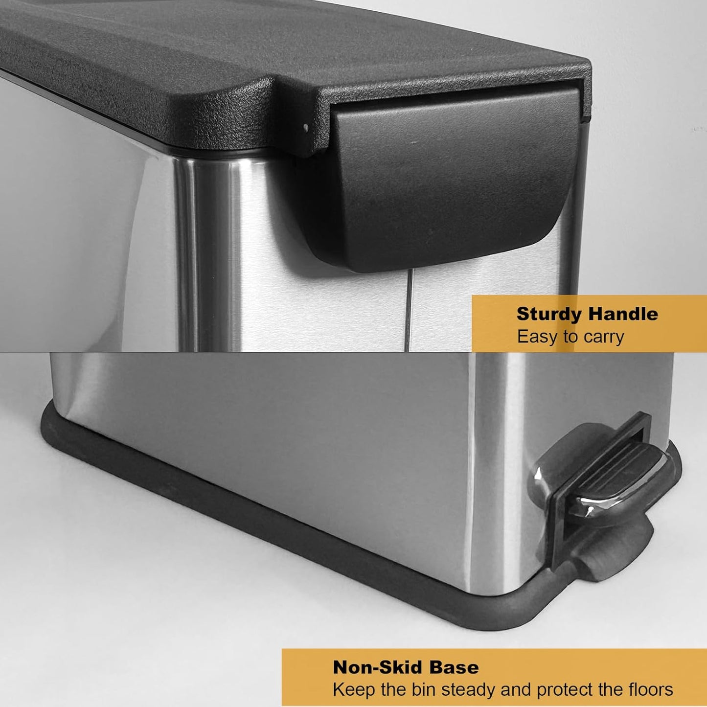 12 Gallon Trash Can with Lid，45L Kitchen Garbage Can,Stainless Steel Trash Can for Narrow Spaces with Soft-Close Lid, Inner Bucket, and Step-on Pedal